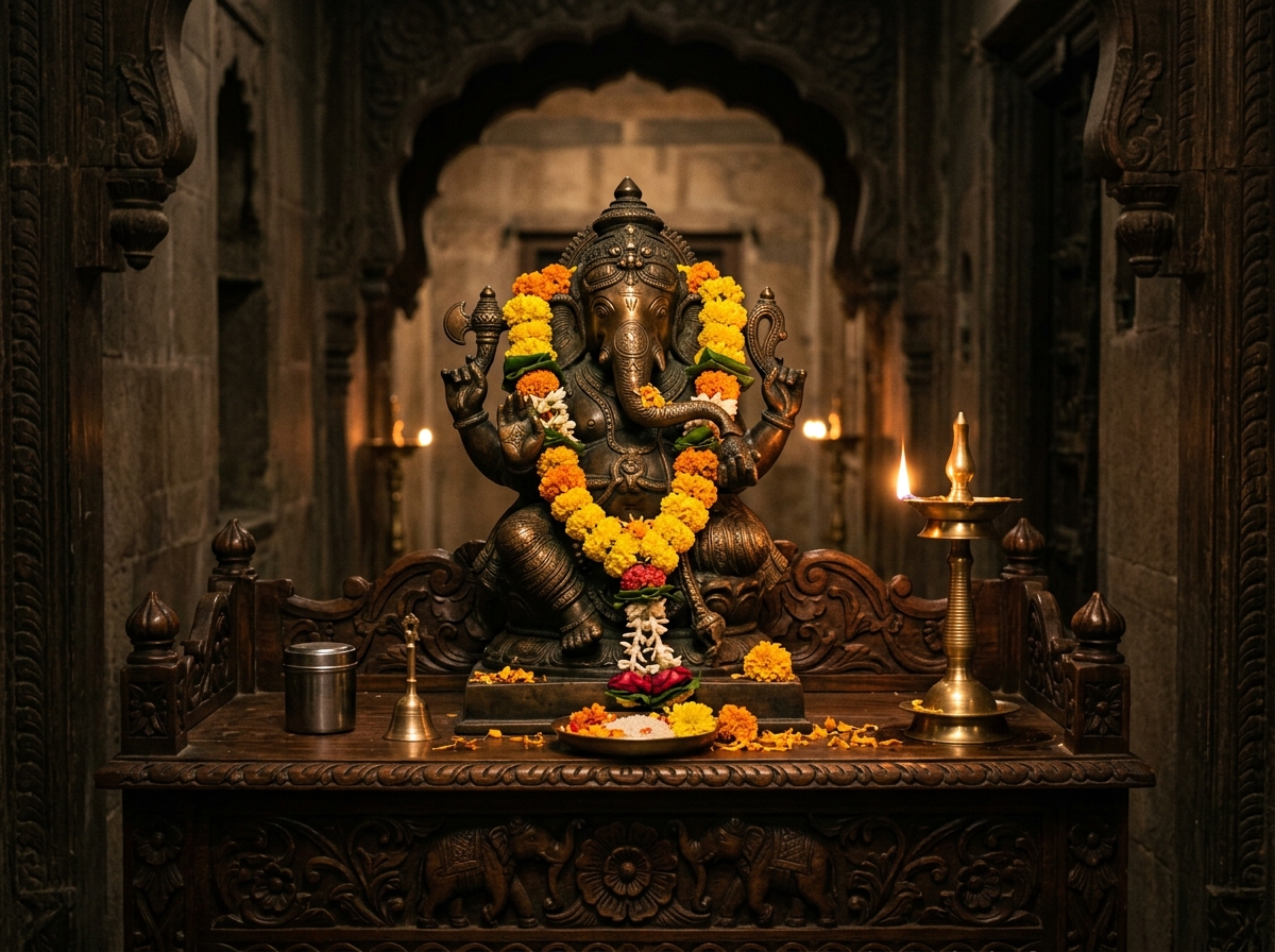 Master-crafted Indian brass Ganesha statue with marigold garland and glowing brass diya